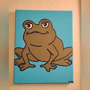 Hand Painted Art On Canvas Frog Acrylic Painting Green Blue 8 X 10 Inches